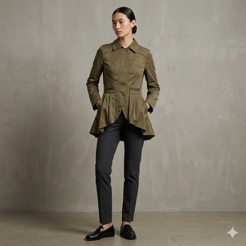 Anthropologie Cynthia Rowley Olive Green Techno Pleated Peplum Jacket M